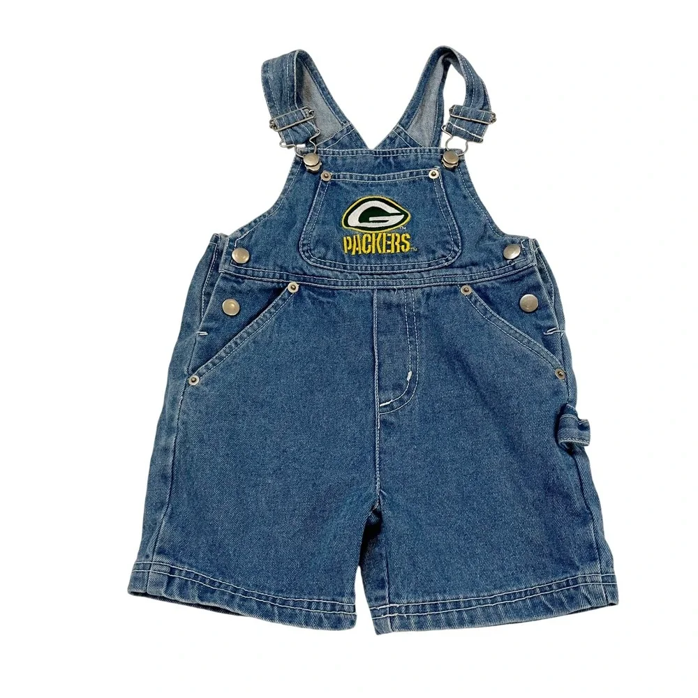 Vintage NFL Touchdown Club Boys Green Bay Packers Denim Overalls Blue Jean Sz 2T